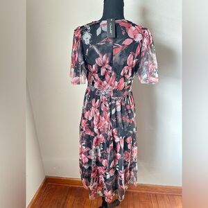 Black and Pink Floral Midi Dress with Short Sleeves
